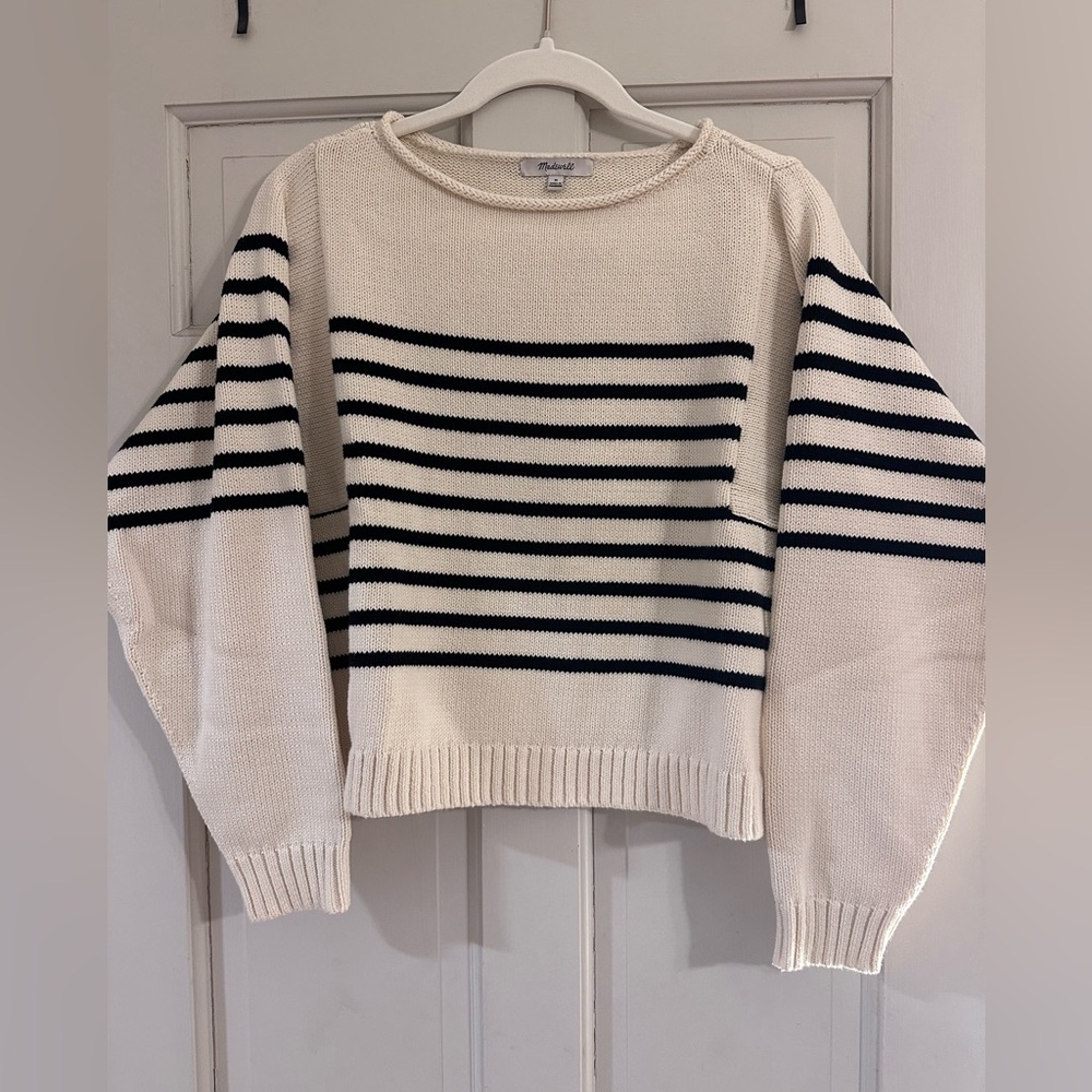 Madewell Rolled-Neck Cream and Black Striped Boatneck Sweater Medium EUC - Picture 9 of 11